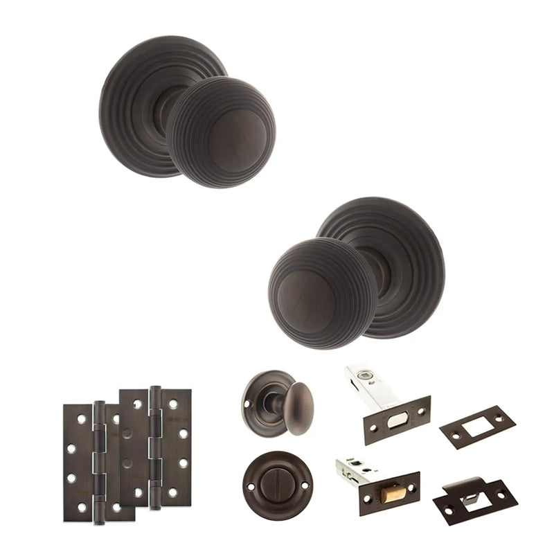 Atlantic Old English Ripon Door Knob Pack (Bathroom Set - 3" Deadbolt, 4" Slim Knuckle Hinges x2)