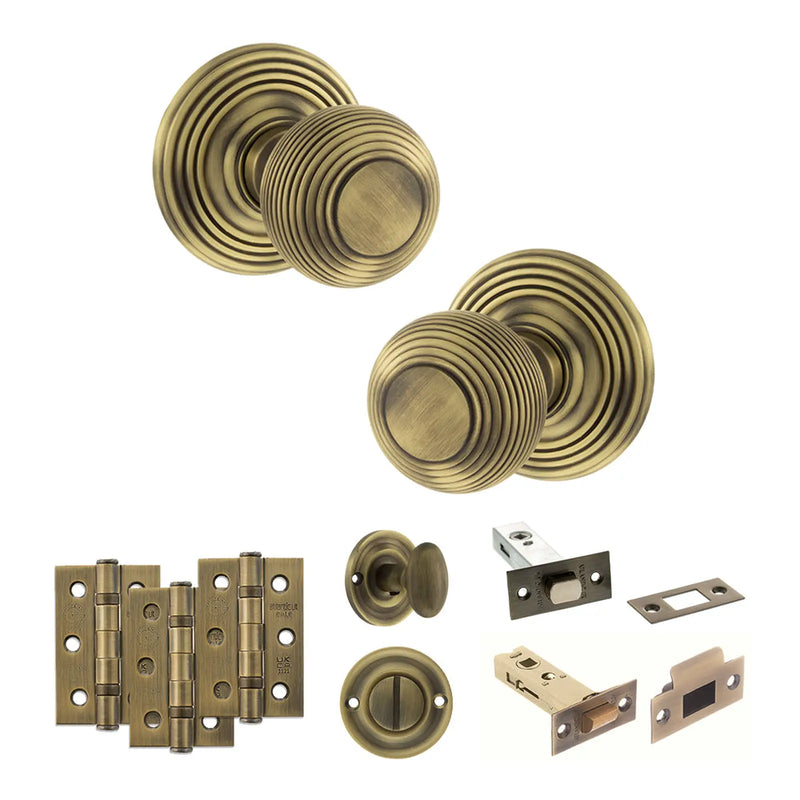 Atlantic Old English Ripon Door Knob Pack (Bathroom Set - 4" Deadbolt, 3" Fire Rated Hinges x3)