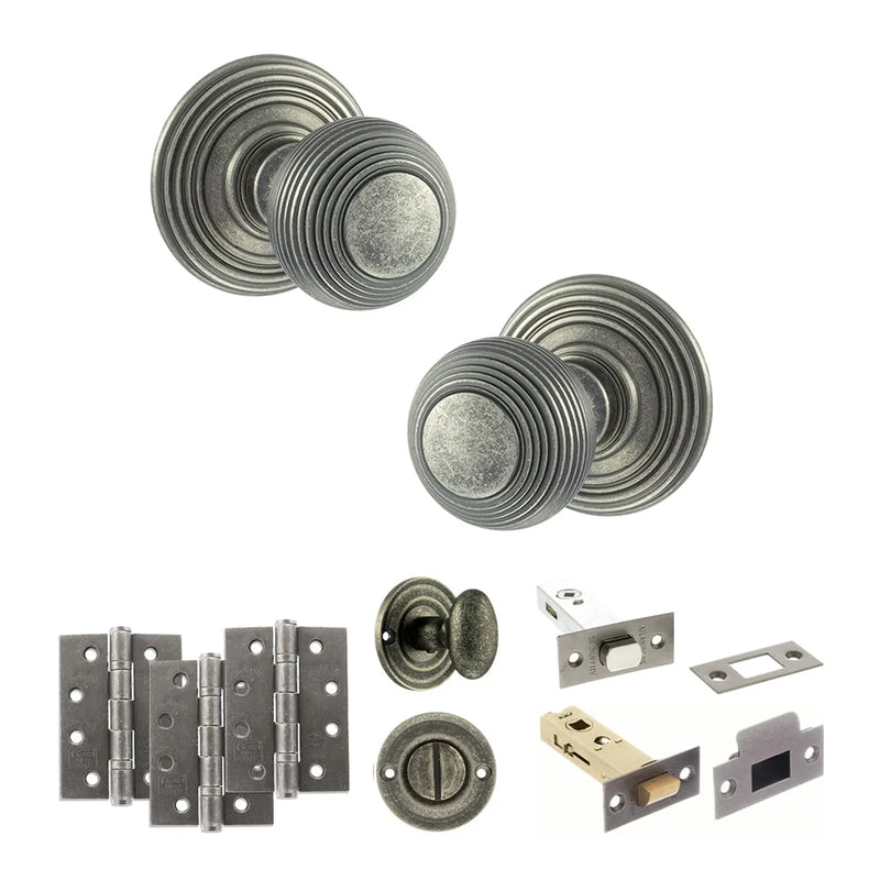 Atlantic Old English Ripon Door Knob Pack (Bathroom Set - 4" Deadbolt, 4" Fire Rated Hinges x3)