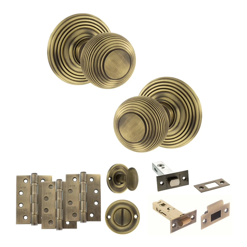 Atlantic Old English Ripon Door Knob Pack (Bathroom Set - 4" Deadbolt, 4" Fire Rated Hinges x3)