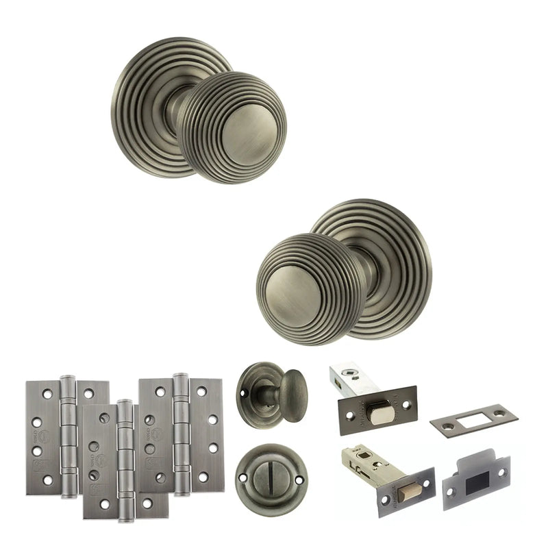 Atlantic Old English Ripon Door Knob Pack (Bathroom Set - 4" Deadbolt, 4" Fire Rated Hinges x3)