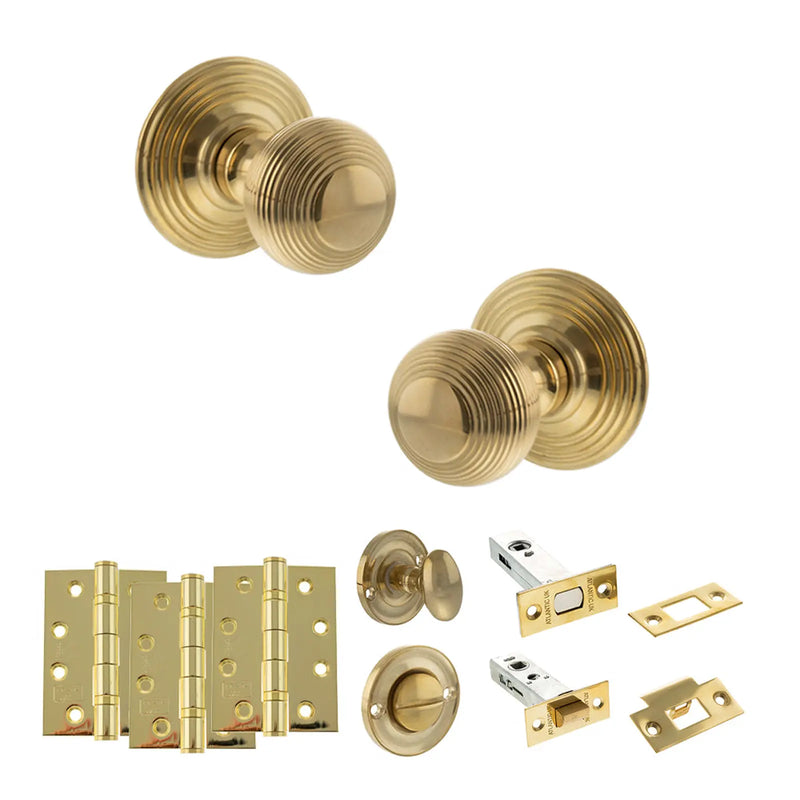 Atlantic Old English Ripon Door Knob Pack (Bathroom Set - 4" Deadbolt, 4" Fire Rated Hinges x3)