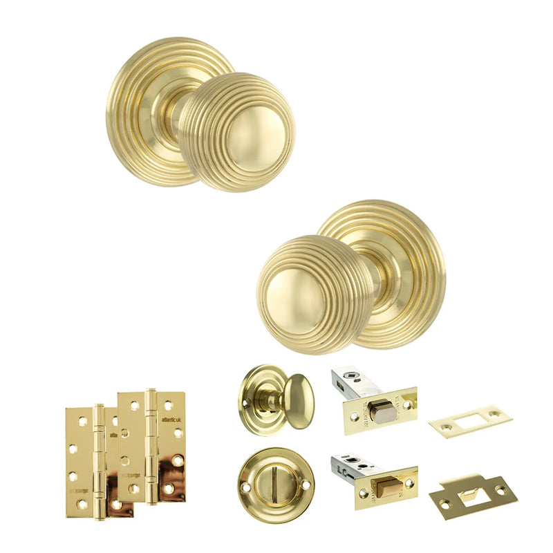 Atlantic Old English Ripon Door Knob Pack (Bathroom Set - 4" Deadbolt, 4" Slim Knuckle Hinges x2)