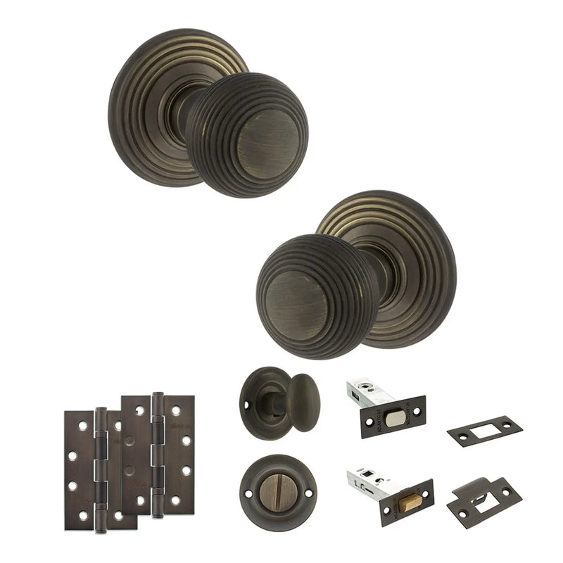 Atlantic Old English Ripon Door Knob Pack (Bathroom Set - 4" Deadbolt, 4" Slim Knuckle Hinges x2)