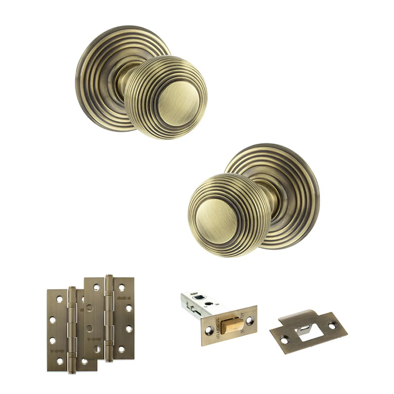Atlantic Old English Ripon Door Knob Pack (Latch Set - 3" HD Latch, 4" Slim Knuckle Hinges x2)