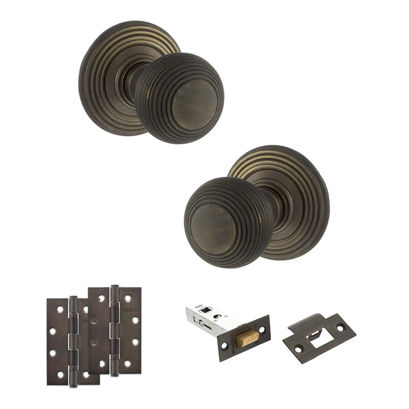 Atlantic Old English Ripon Door Knob Pack (Latch Set - 3" HD Latch, 4" Slim Knuckle Hinges x2)