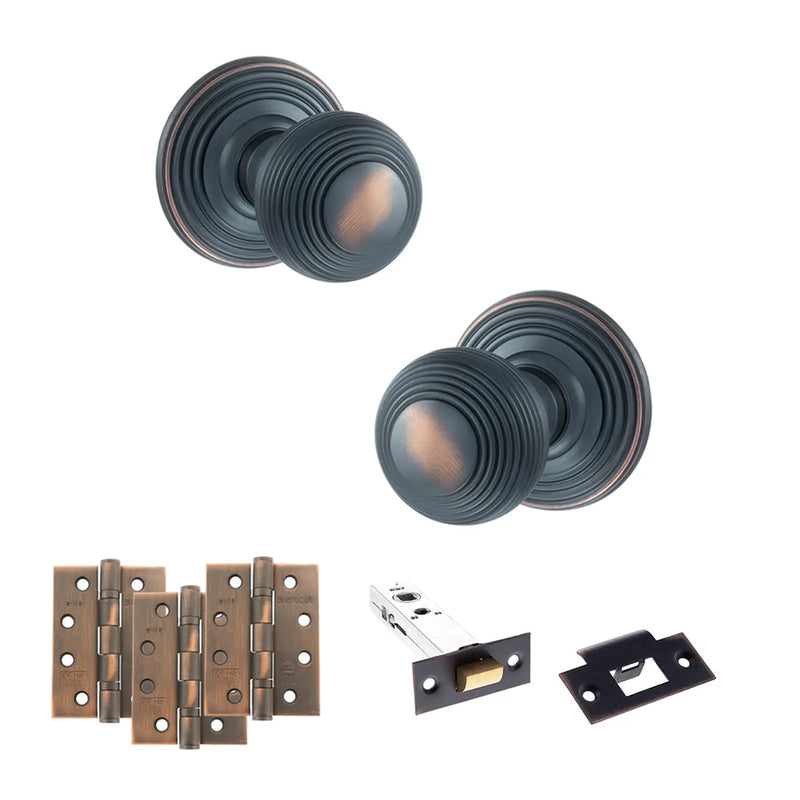 Atlantic Old English Ripon Door Knob Pack (Latch Set - 3" HD Latch, 4" Fire Rated Hinges x3)