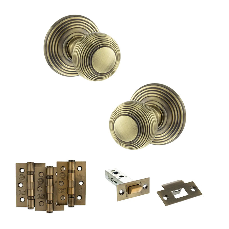 Atlantic Old English Ripon Door Knob Pack (Latch Set - 4" HD Latch, 3" Fire Rated Hinges x3)