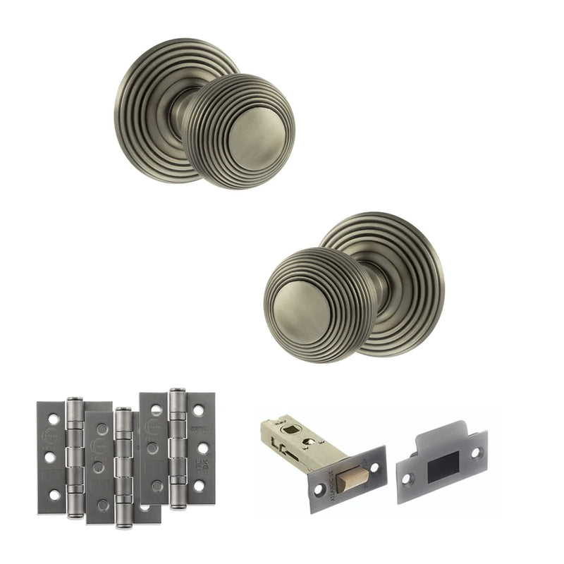 Atlantic Old English Ripon Door Knob Pack (Latch Set - 4" HD Latch, 3" Fire Rated Hinges x3)