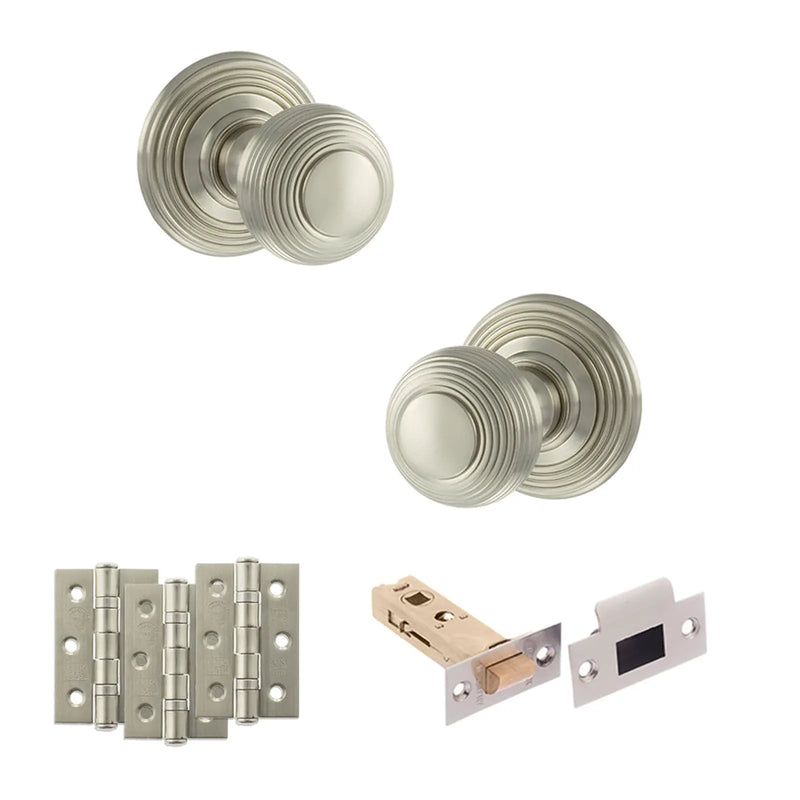 Atlantic Old English Ripon Door Knob Pack (Latch Set - 4" HD Latch, 3" Fire Rated Hinges x3)