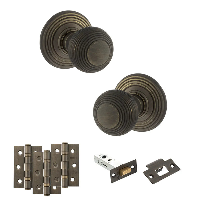 Atlantic Old English Ripon Door Knob Pack (Latch Set - 4" HD Latch, 3" Fire Rated Hinges x3)