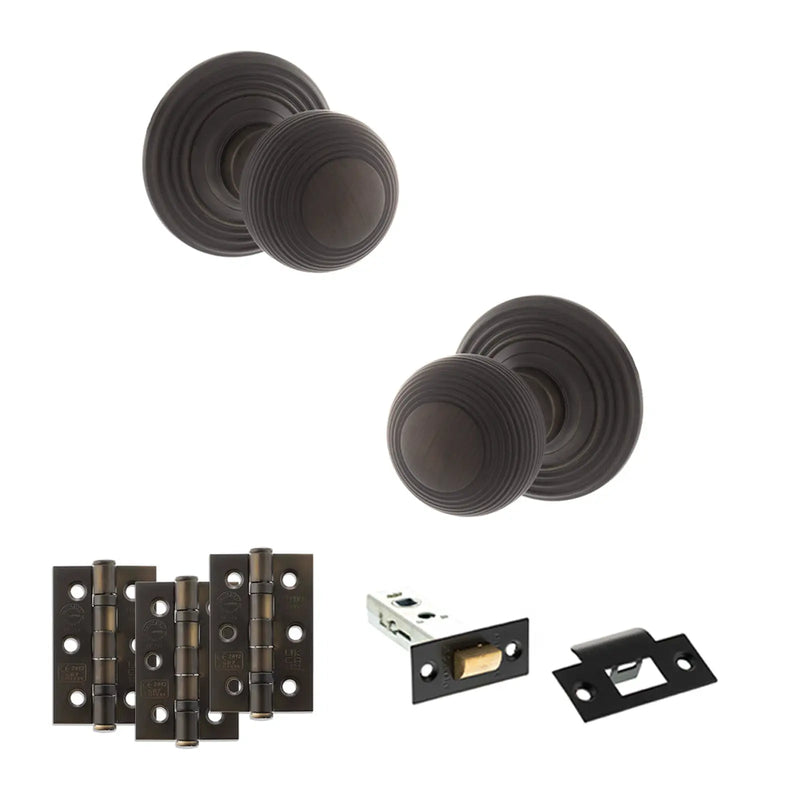 Atlantic Old English Ripon Door Knob Pack (Latch Set - 4" HD Latch, 3" Fire Rated Hinges x3)