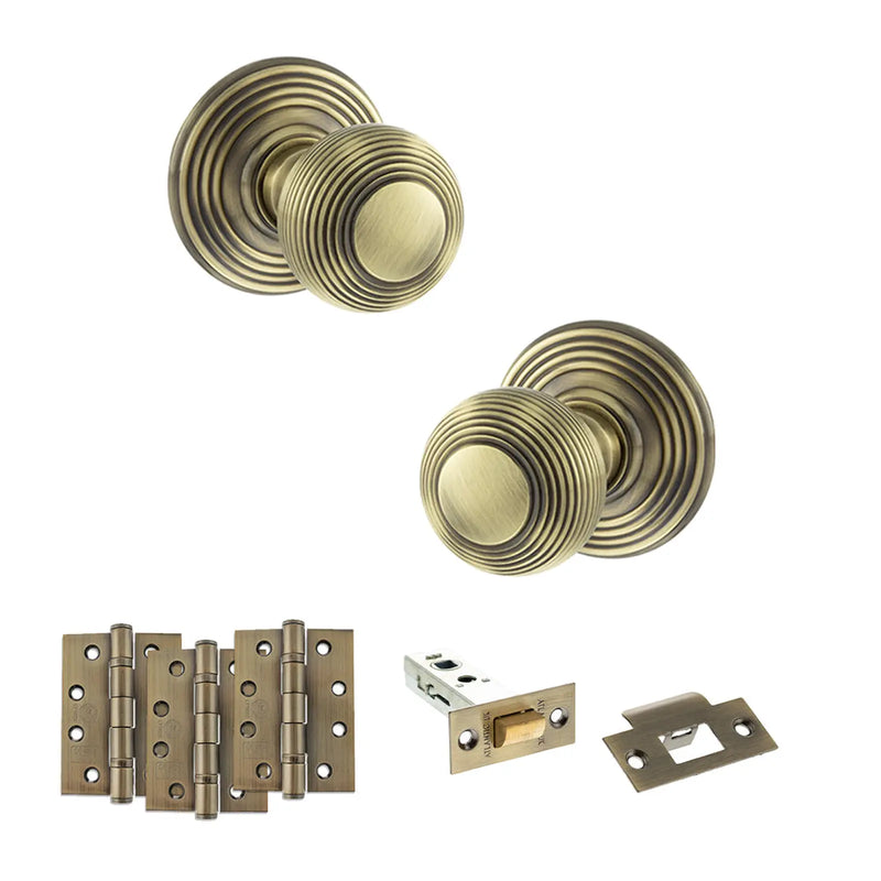 Atlantic Old English Ripon Door Knob Pack (Latch Set - 4" HD Latch, 4" Fire Rated Hinges x3)