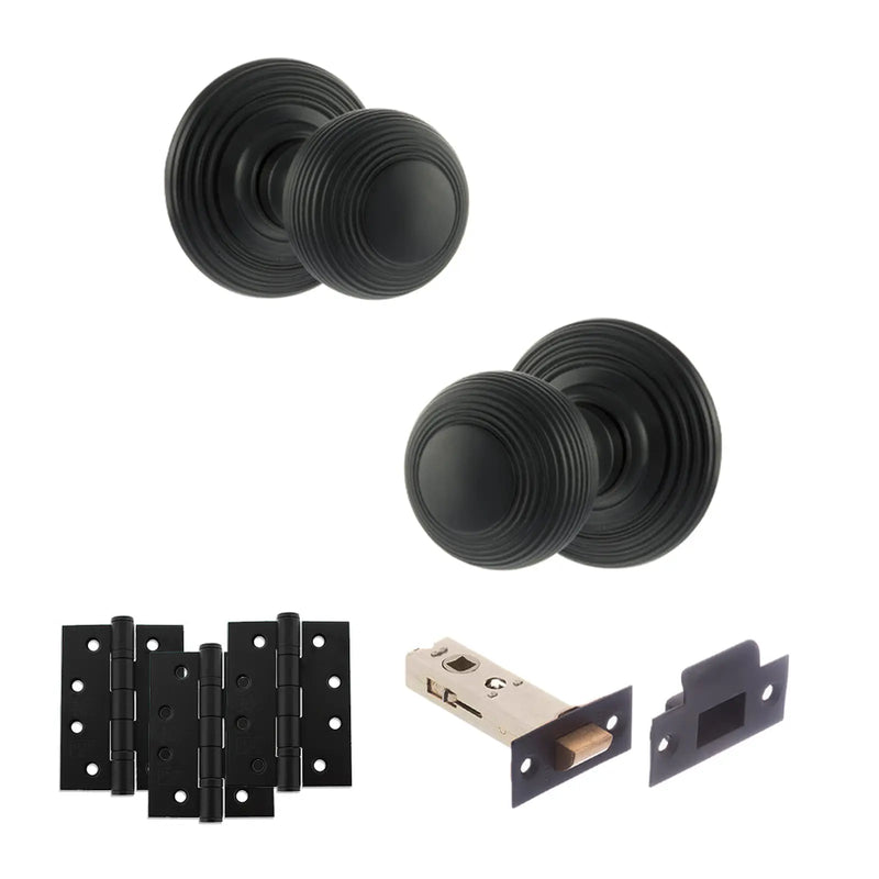Atlantic Old English Ripon Door Knob Pack (Latch Set - 4" HD Latch, 4" Fire Rated Hinges x3)