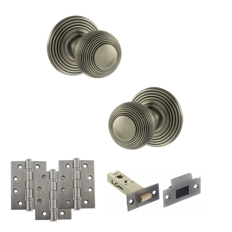 Atlantic Old English Ripon Door Knob Pack (Latch Set - 4" HD Latch, 4" Fire Rated Hinges x3)