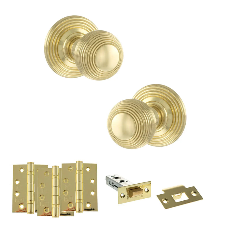 Atlantic Old English Ripon Door Knob Pack (Latch Set - 4" HD Latch, 4" Fire Rated Hinges x3)