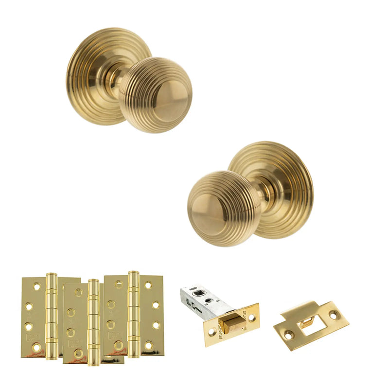 Atlantic Old English Ripon Door Knob Pack (Latch Set - 4" HD Latch, 4" Fire Rated Hinges x3)