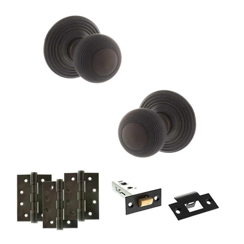 Atlantic Old English Ripon Door Knob Pack (Latch Set - 4" HD Latch, 4" Fire Rated Hinges x3)