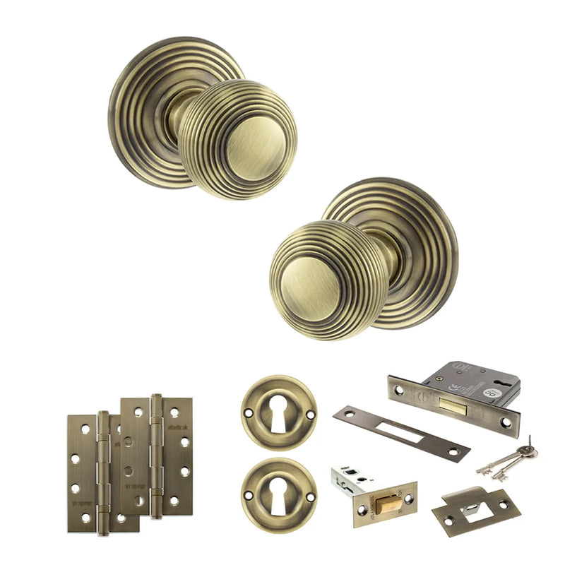 Atlantic Old English Ripon Door Knob Pack (Lock Set - 3" Latch & Deadlock, 4" Slim Knuckle Hinges x2)