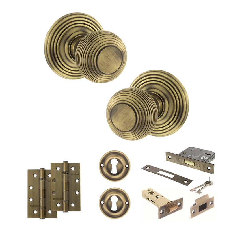 Atlantic Old English Ripon Door Knob Pack (Lock Set - 3" Latch & Deadlock, 4" Slim Knuckle Hinges x2)