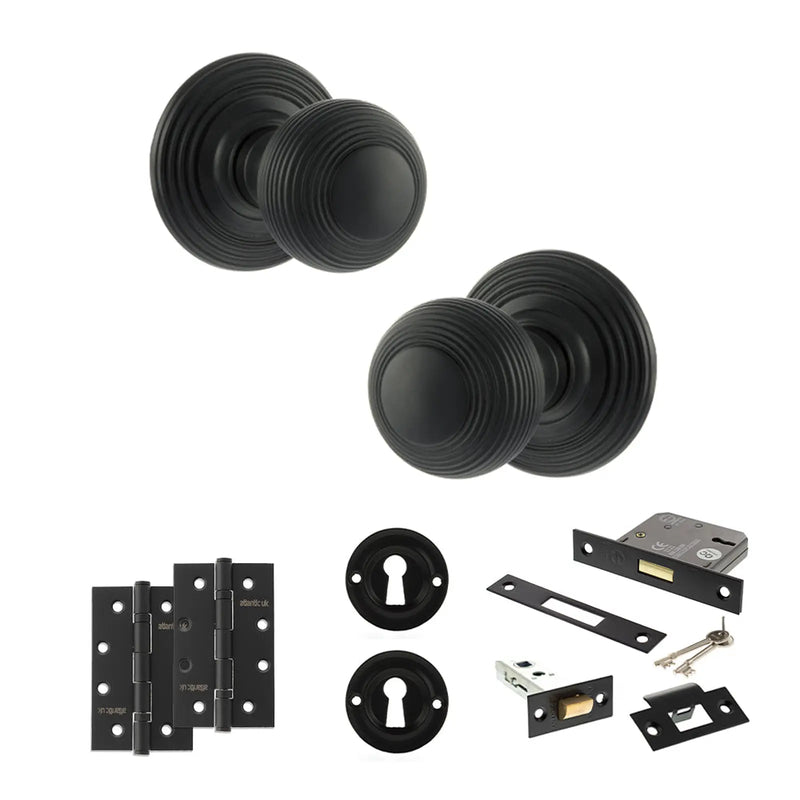 Atlantic Old English Ripon Door Knob Pack (Lock Set - 3" Latch & Deadlock, 4" Slim Knuckle Hinges x2)