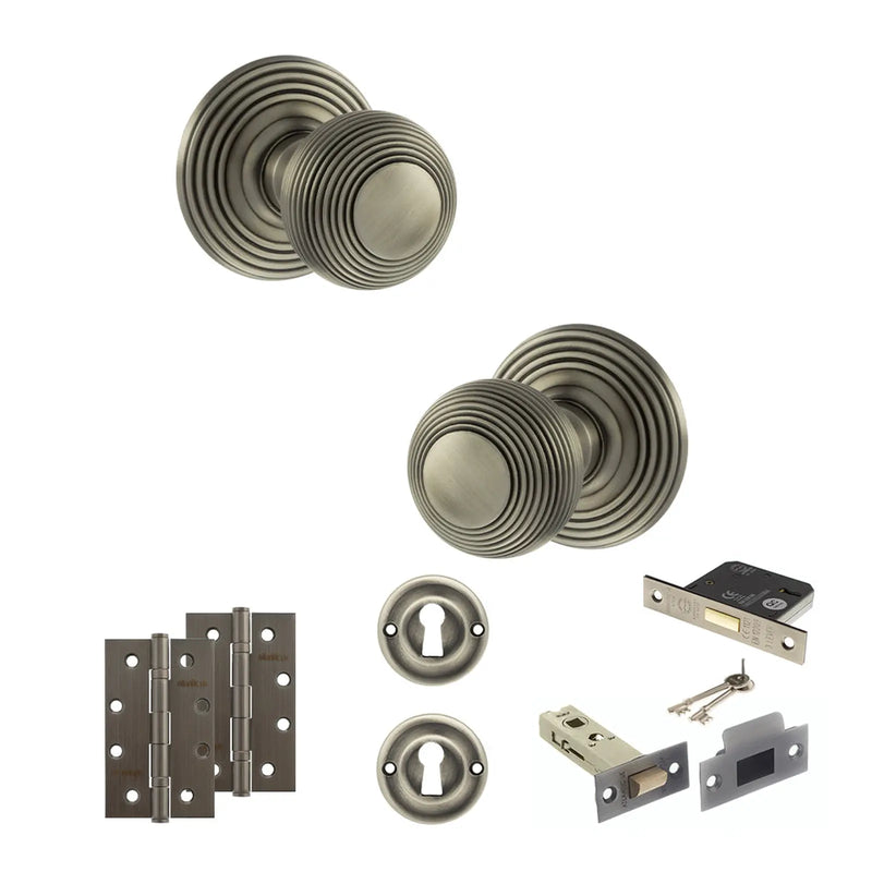 Atlantic Old English Ripon Door Knob Pack (Lock Set - 3" Latch & Deadlock, 4" Slim Knuckle Hinges x2)