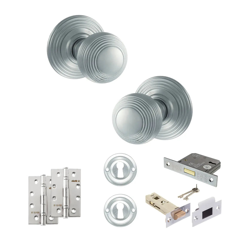 Atlantic Old English Ripon Door Knob Pack (Lock Set - 3" Latch & Deadlock, 4" Slim Knuckle Hinges x2)