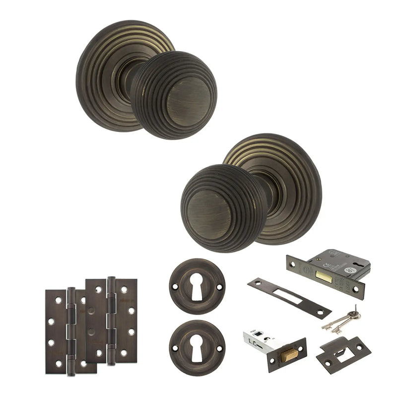 Atlantic Old English Ripon Door Knob Pack (Lock Set - 3" Latch & Deadlock, 4" Slim Knuckle Hinges x2)