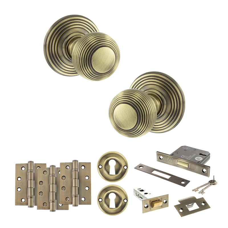 Atlantic Old English Ripon Door Knob Pack (Lock Set - 3" Latch & Deadlock, 4" Fire Rated Hinges x3)