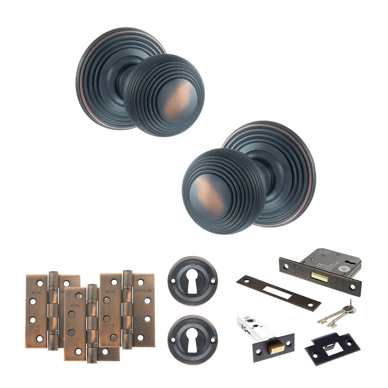 Atlantic Old English Ripon Door Knob Pack (Lock Set - 3" Latch & Deadlock, 4" Fire Rated Hinges x3)