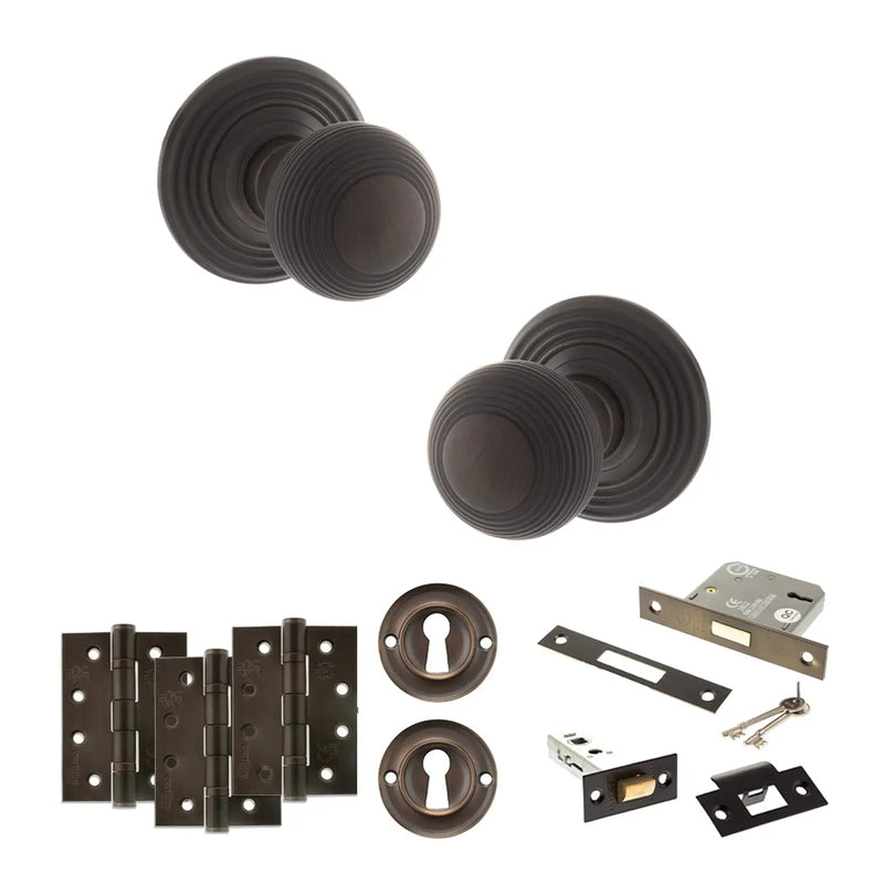 Atlantic Old English Ripon Door Knob Pack (Lock Set - 3" Latch & Deadlock, 4" Fire Rated Hinges x3)