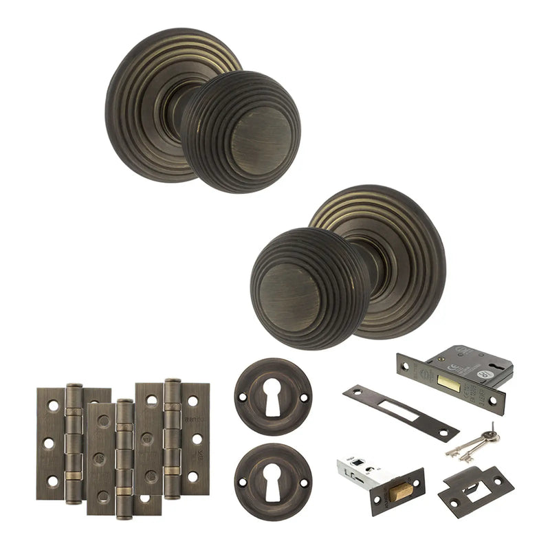 Atlantic Old English Ripon Door Knob Pack (Lock Set - 3" Latch & Deadlock, 3" Fire Rated Hinges x3)