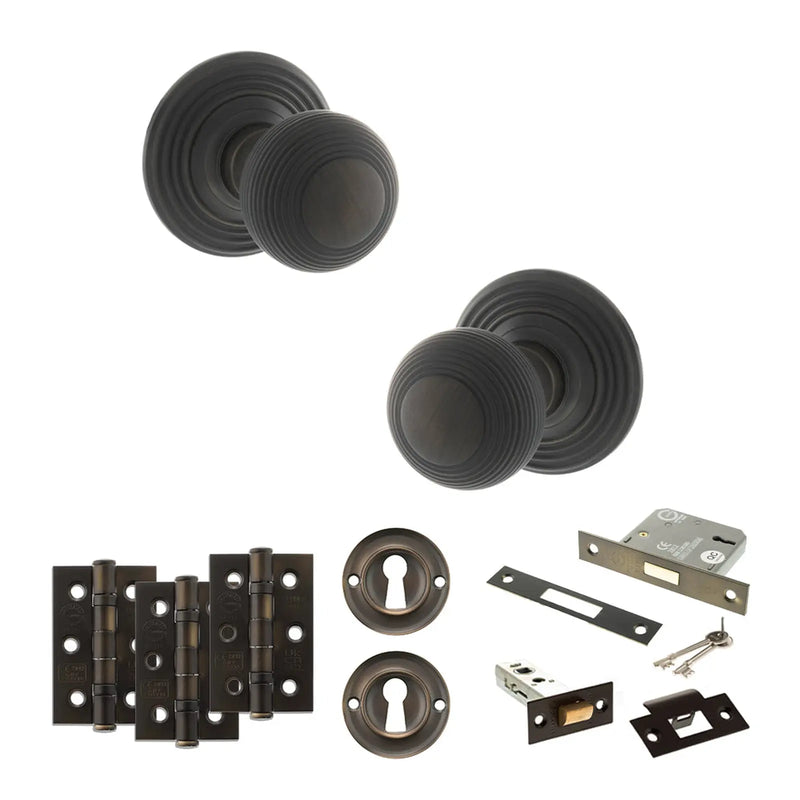 Atlantic Old English Ripon Door Knob Pack (Lock Set - 3" Latch & Deadlock, 3" Fire Rated Hinges x3)