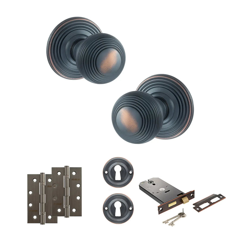 Atlantic Old English Ripon Door Knob Pack (Lock Set - Horizontal Sashlock, 4" Slim Knuckle Hinges x2)