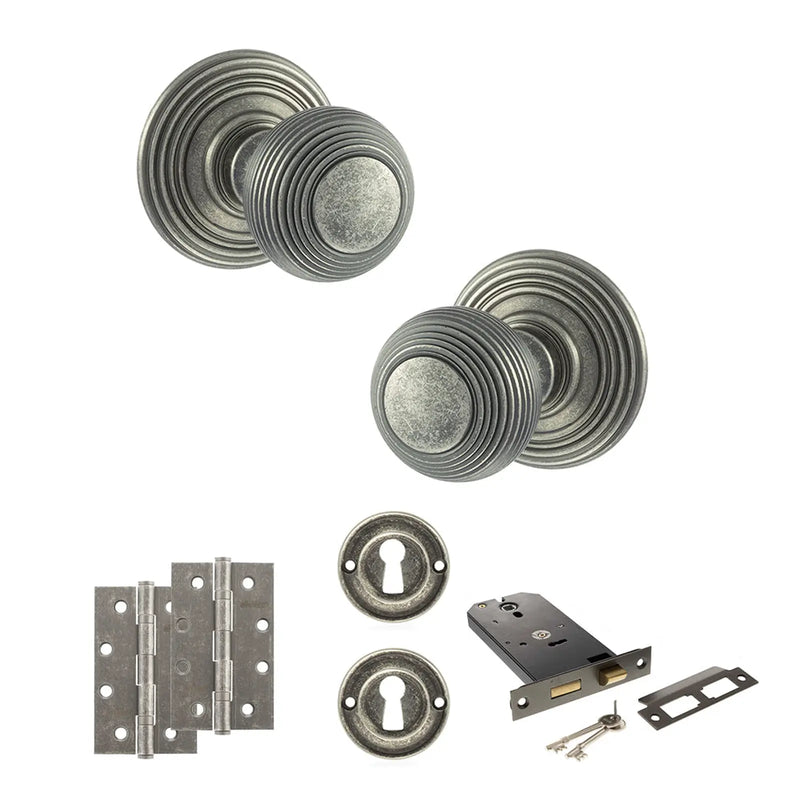 Atlantic Old English Ripon Door Knob Pack (Lock Set - Horizontal Sashlock, 4" Slim Knuckle Hinges x2)