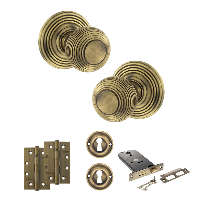 Atlantic Old English Ripon Door Knob Pack (Lock Set - Horizontal Sashlock, 4" Slim Knuckle Hinges x2)