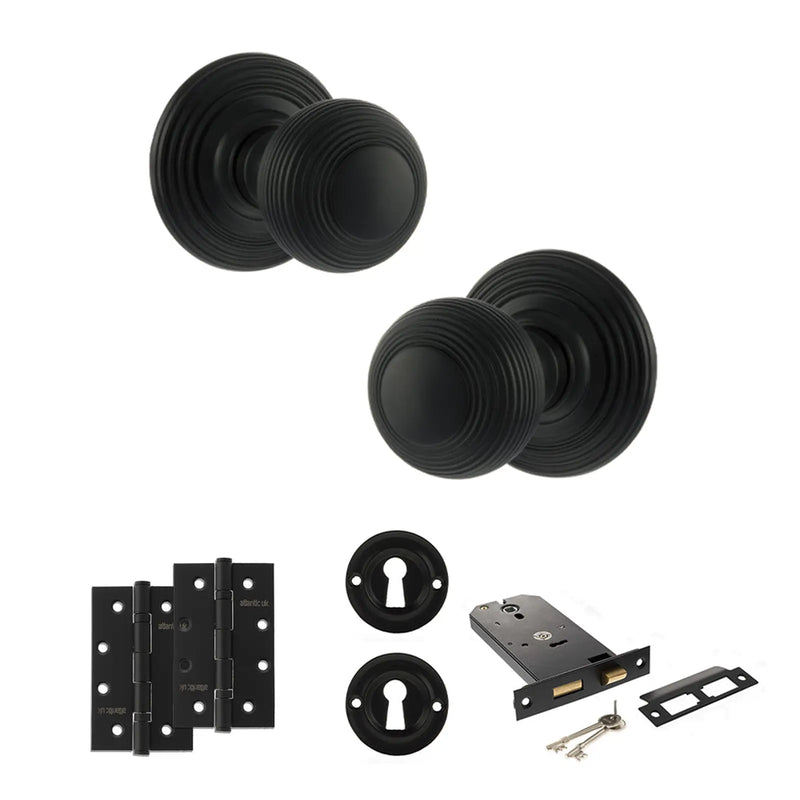 Atlantic Old English Ripon Door Knob Pack (Lock Set - Horizontal Sashlock, 4" Slim Knuckle Hinges x2)
