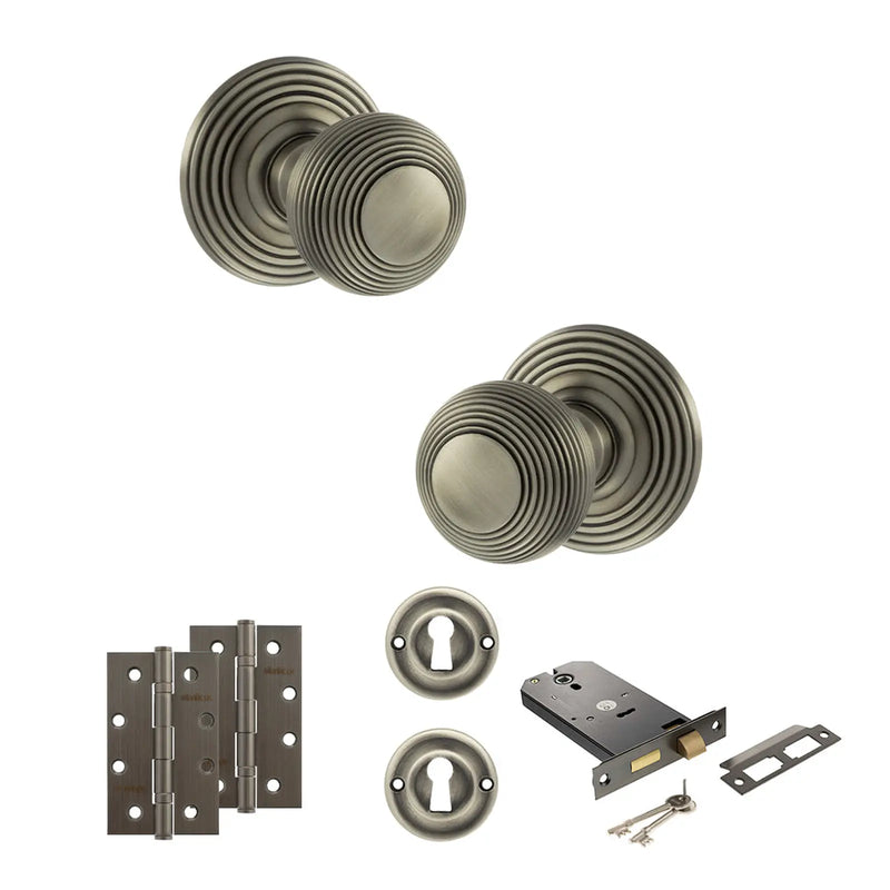 Atlantic Old English Ripon Door Knob Pack (Lock Set - Horizontal Sashlock, 4" Slim Knuckle Hinges x2)