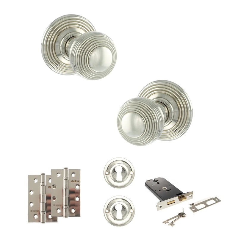 Atlantic Old English Ripon Door Knob Pack (Lock Set - Horizontal Sashlock, 4" Slim Knuckle Hinges x2)