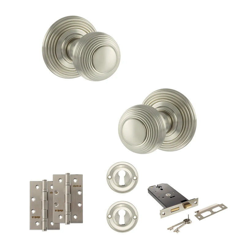 Atlantic Old English Ripon Door Knob Pack (Lock Set - Horizontal Sashlock, 4" Slim Knuckle Hinges x2)