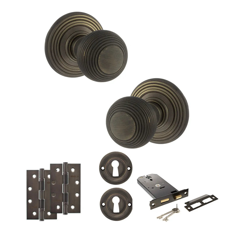 Atlantic Old English Ripon Door Knob Pack (Lock Set - Horizontal Sashlock, 4" Slim Knuckle Hinges x2)