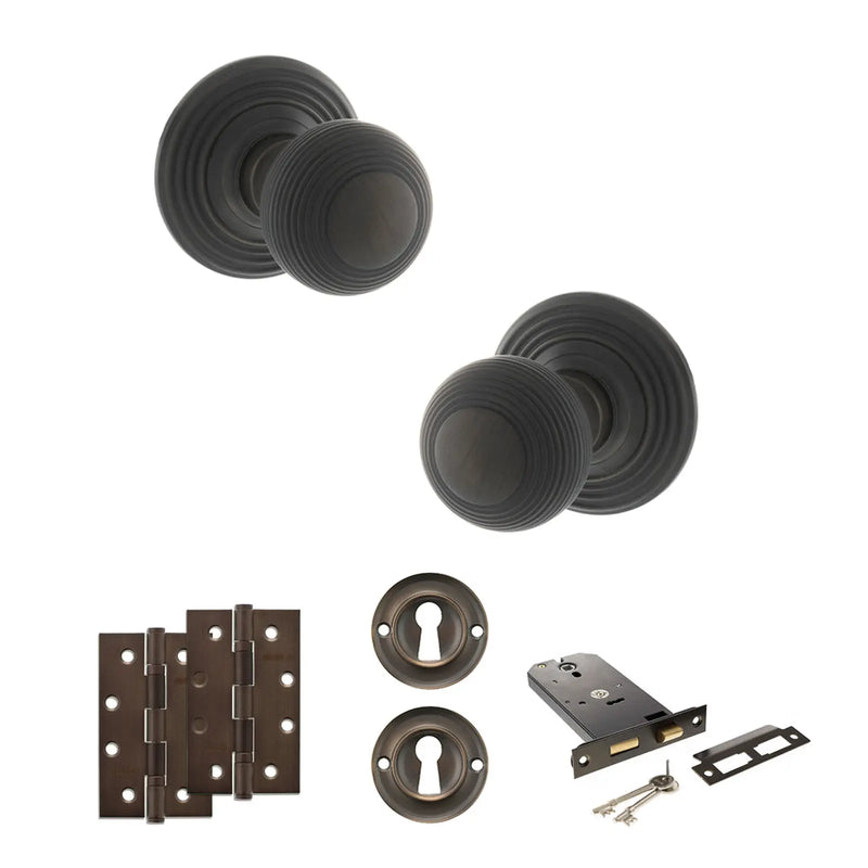 Atlantic Old English Ripon Door Knob Pack (Lock Set - Horizontal Sashlock, 4" Slim Knuckle Hinges x2)
