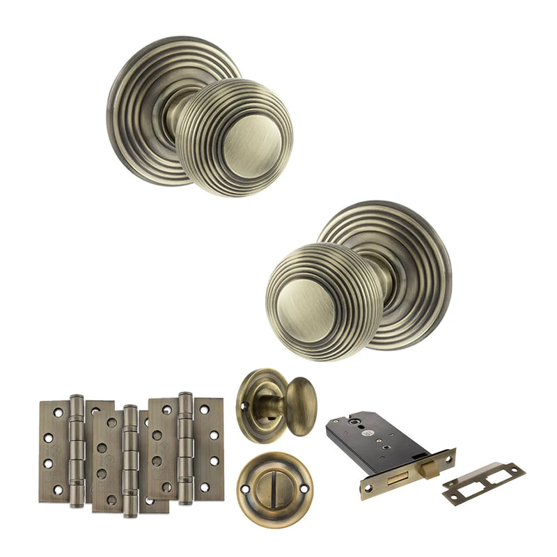 Atlantic Old English Ripon Door Knob Pack (Lock Set - Horizontal Bathlock, 4" Fire Rated Hinges x3)