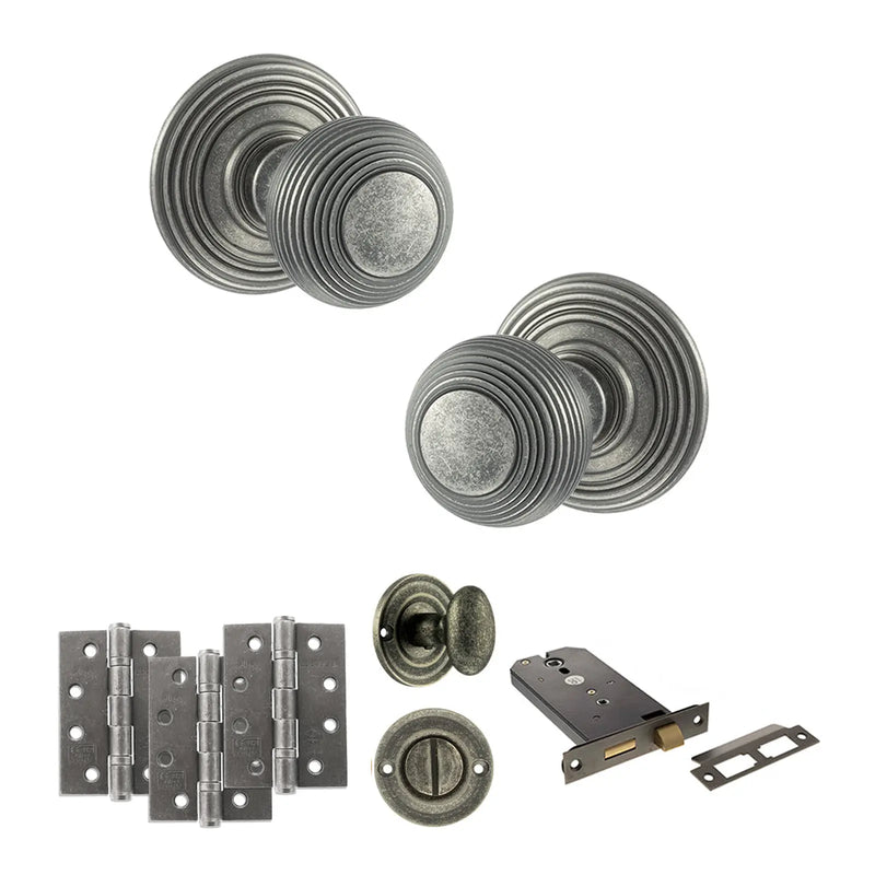 Atlantic Old English Ripon Door Knob Pack (Lock Set - Horizontal Bathlock, 4" Fire Rated Hinges x3)