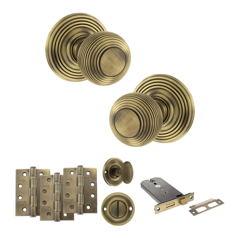 Atlantic Old English Ripon Door Knob Pack (Lock Set - Horizontal Bathlock, 4" Fire Rated Hinges x3)