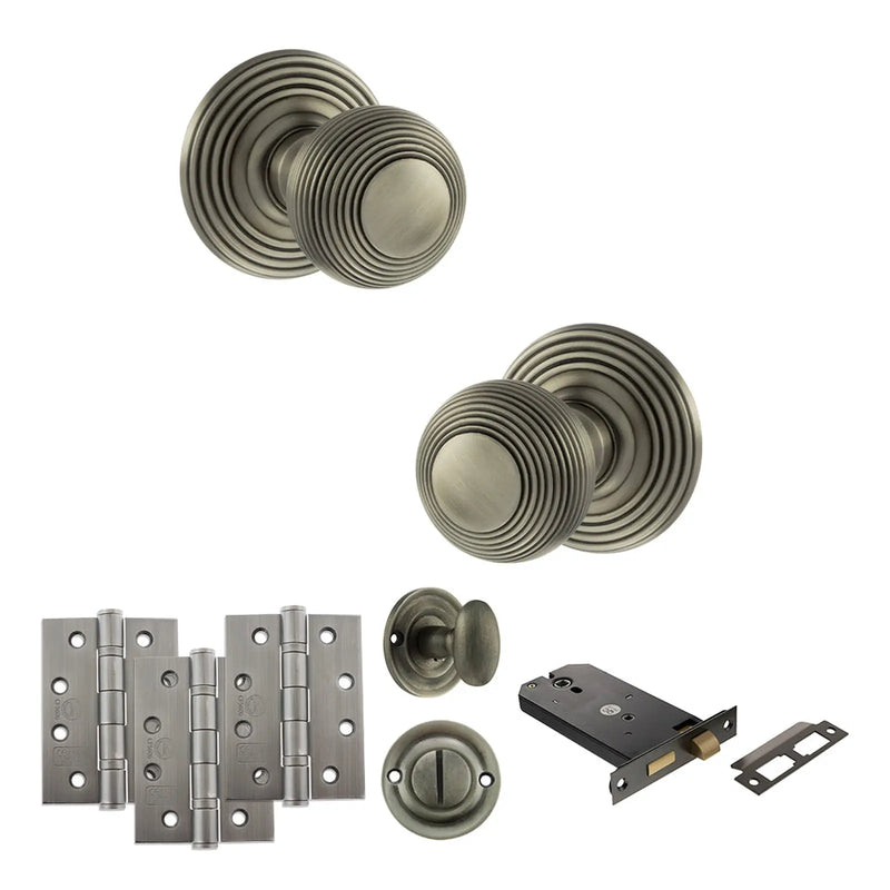 Atlantic Old English Ripon Door Knob Pack (Lock Set - Horizontal Bathlock, 4" Fire Rated Hinges x3)