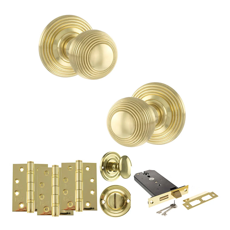 Atlantic Old English Ripon Door Knob Pack (Lock Set - Horizontal Bathlock, 4" Fire Rated Hinges x3)