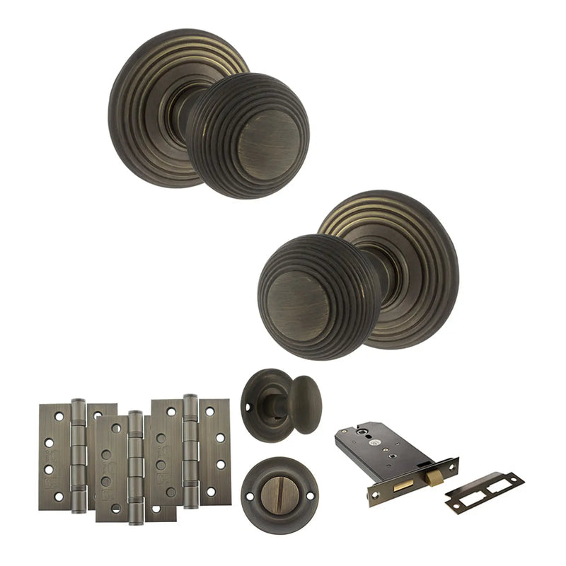 Atlantic Old English Ripon Door Knob Pack (Lock Set - Horizontal Bathlock, 4" Fire Rated Hinges x3)