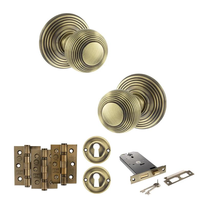Atlantic Old English Ripon Door Knob Pack (Lock Set - Horizontal Sashlock, 3" Fire Rated Hinges x3)