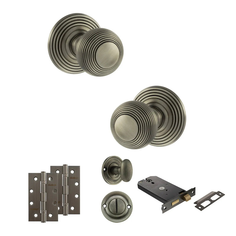 Atlantic Old English Ripon Door Knob Pack (Lock Set - Horizontal Bathlock, 4" Slim Knuckle Hinges x2)